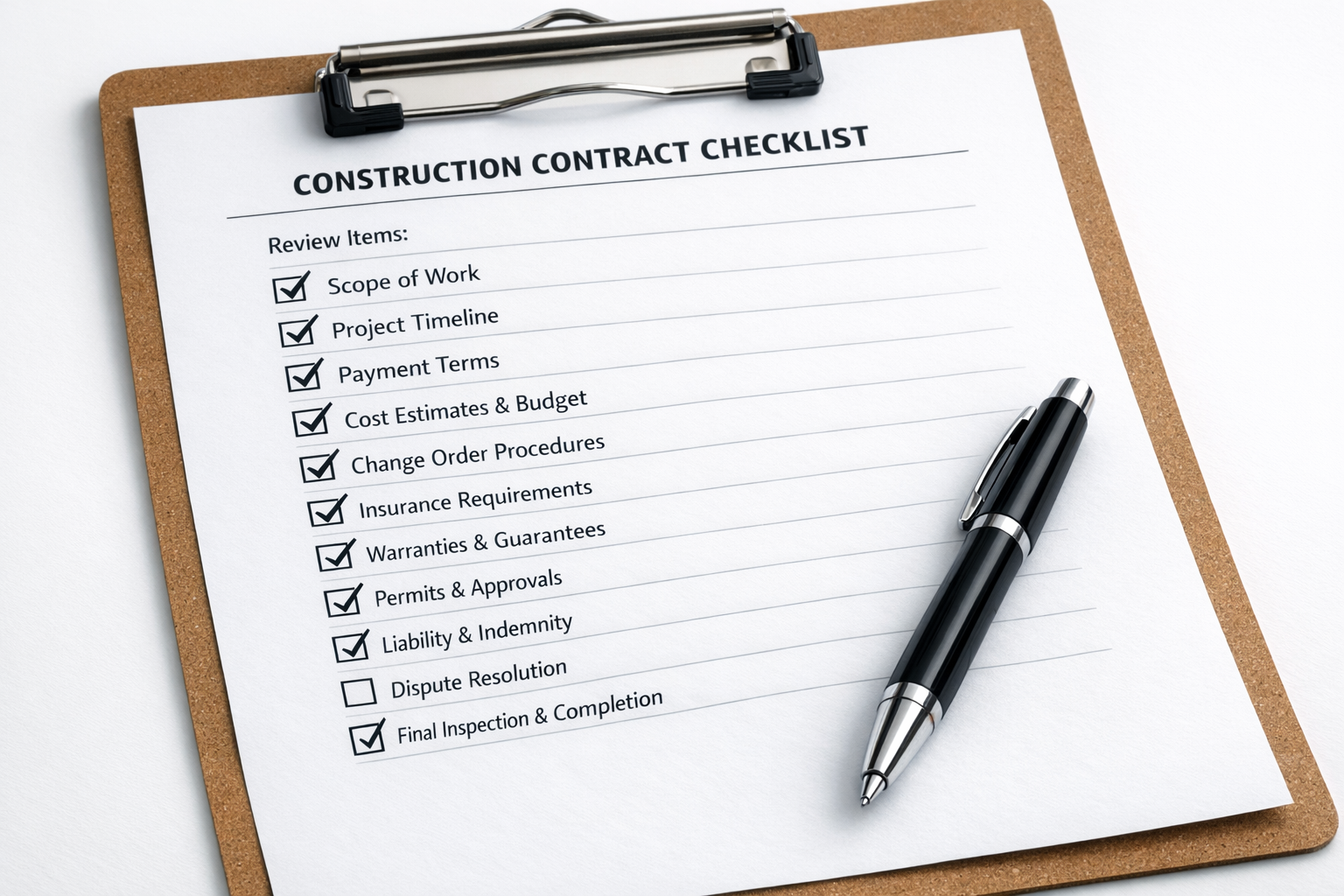 Checkliste für Bauvertrag Prüfung mit Häkchen
