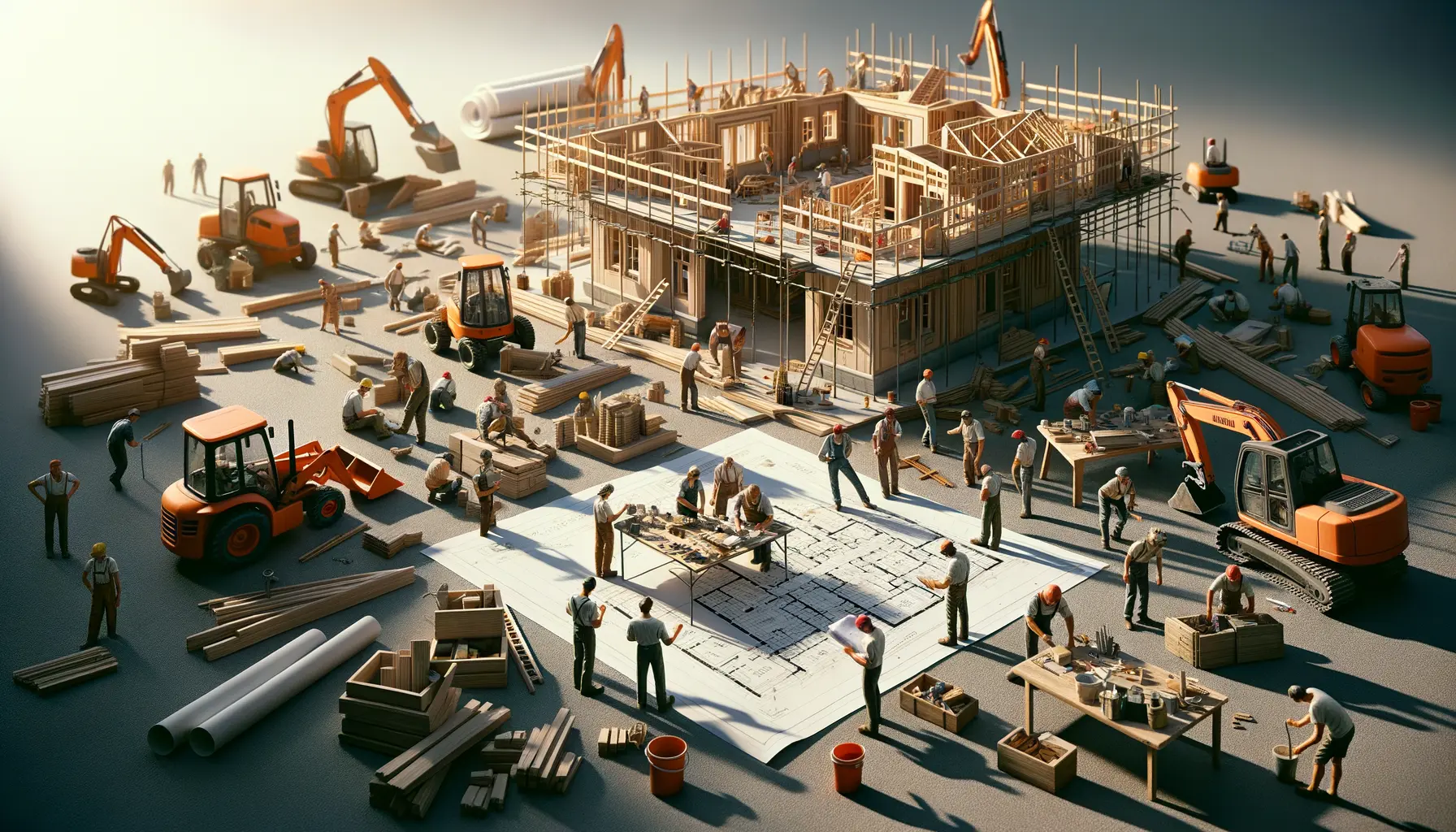 Baustelle mit strukturierter Hausbau Checkliste und Bauarbeitern