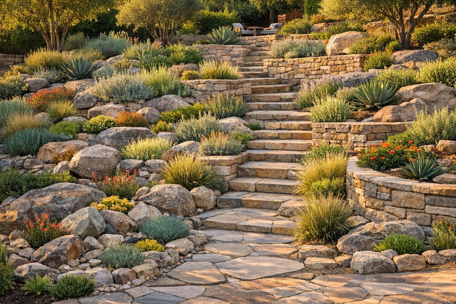Garten gestalten mit Steinen und Höhenunterschieden