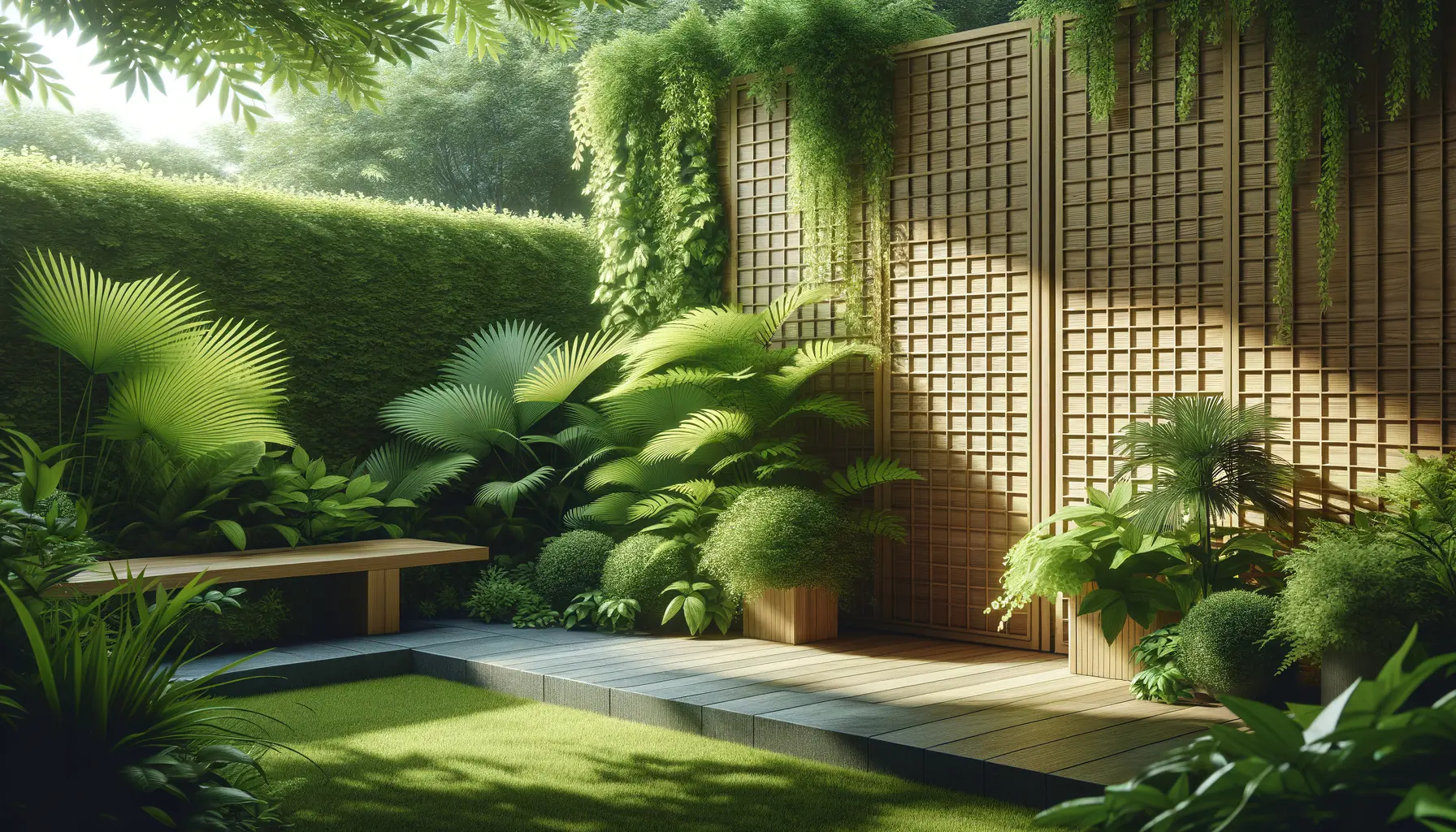 Moderner Sichtschutz Garten Ideen mit Holz und grünen Pflanzen