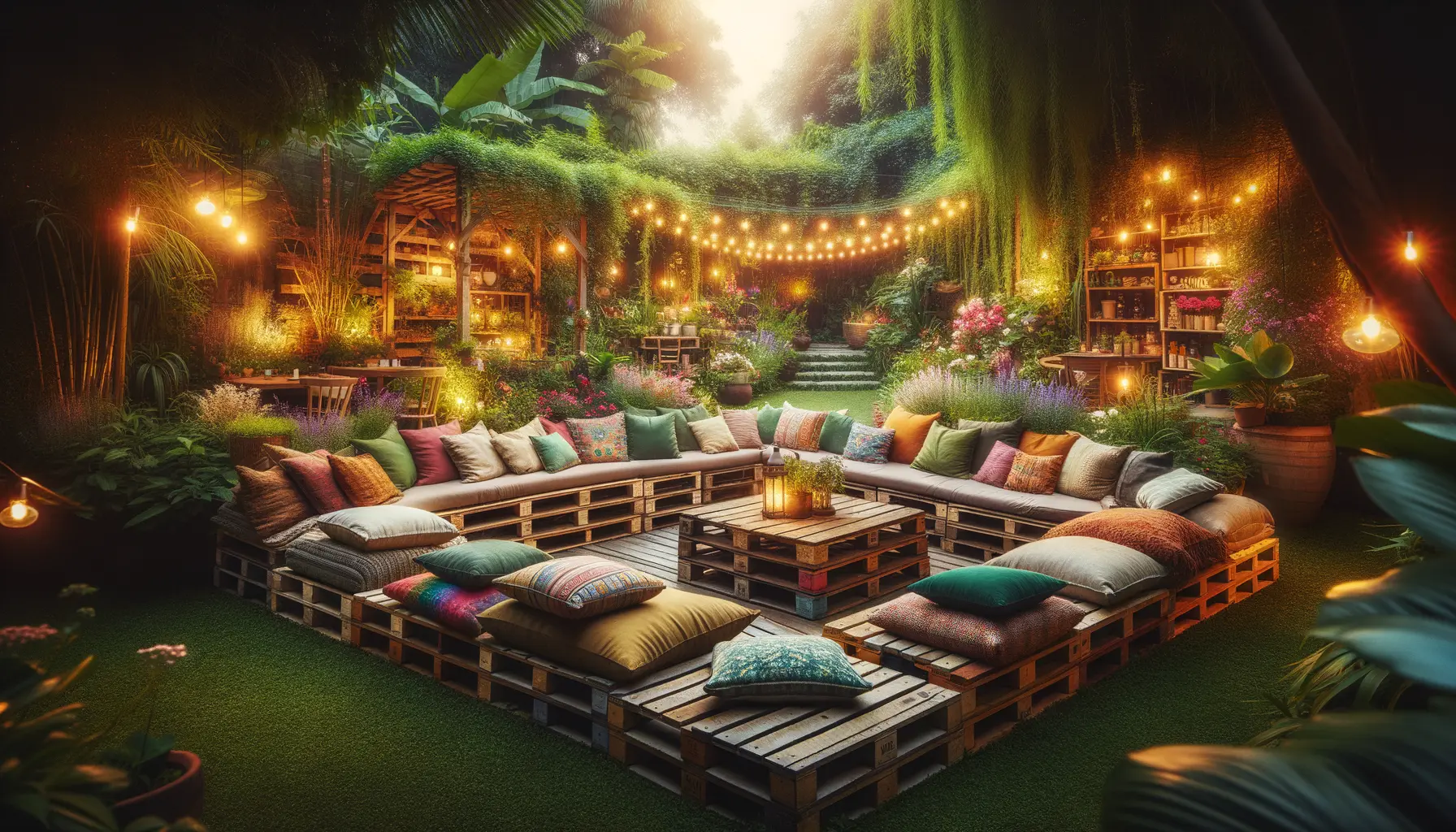 Garten Ideen gemütliche Sitzecke mit DIY-Palettenmöbeln und Kissen