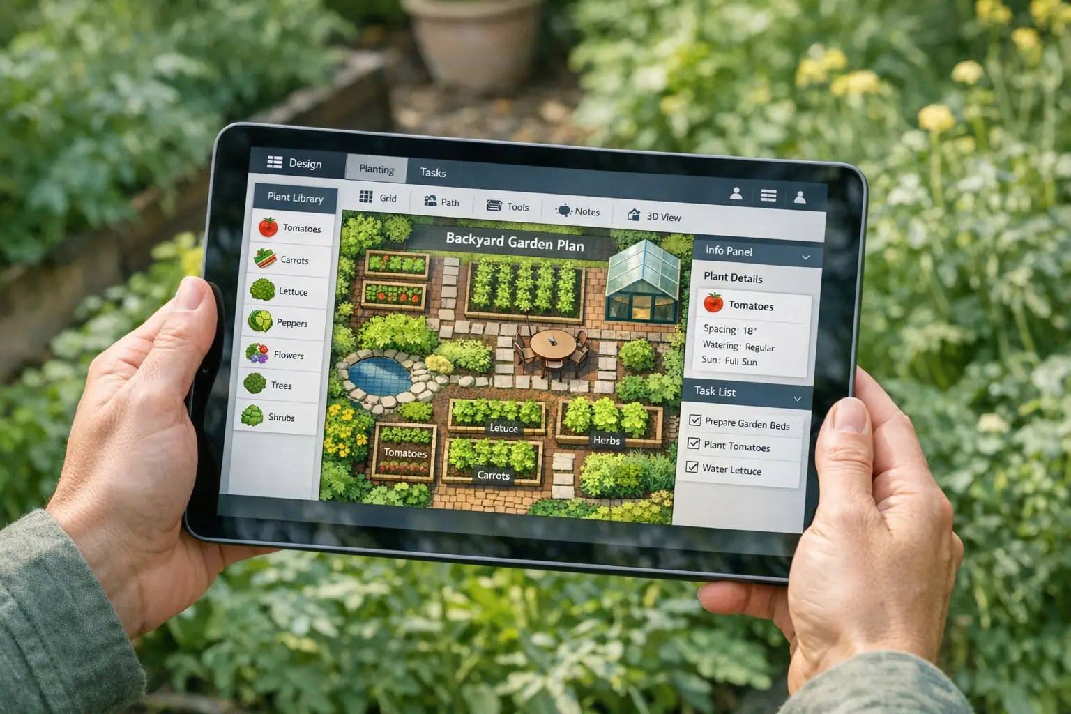 Smartphone mit Gartenplanungs-App vor einem Garten