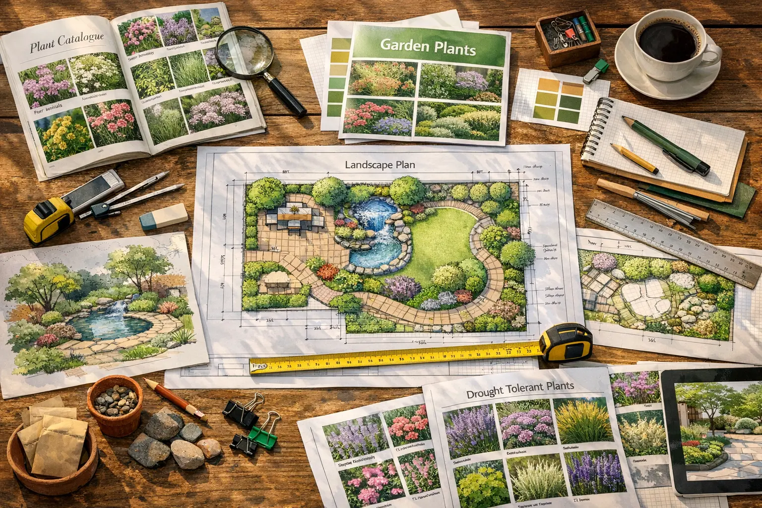 Garten planen mit Skizzen und Planungsunterlagen auf einem Tisch