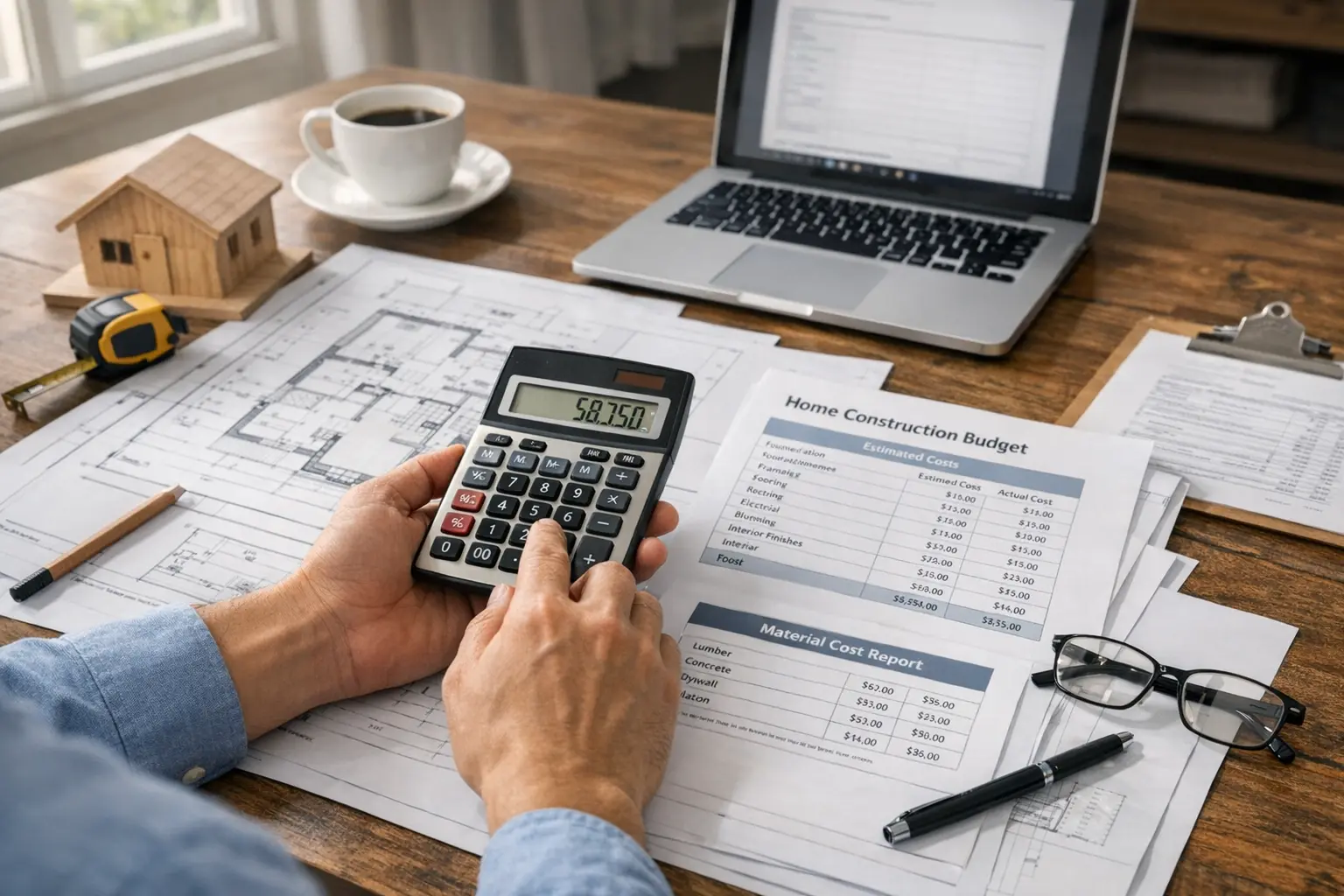 Bauherr plant Hausbau Budget mit Taschenrechner und Bauplänen