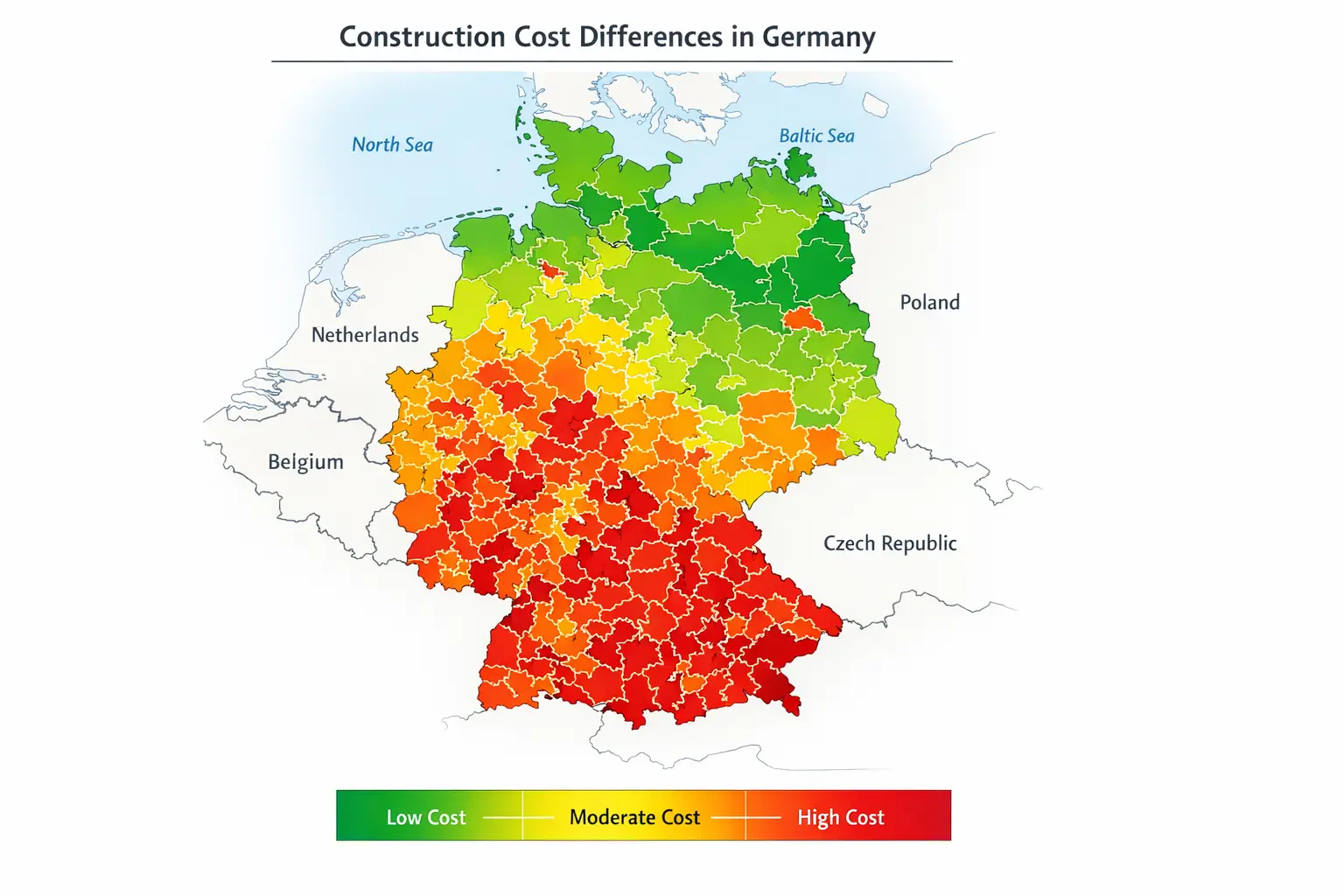Hausbau Kostenplanung: Komplette Anleitung + Checkliste 2 Deutschlandkarte mit regionalen Baukostenunterschieden farblich markiert