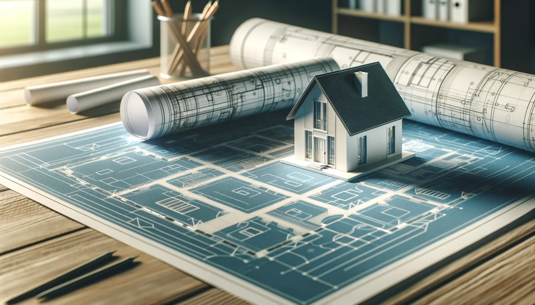 Hausbau planen Konzept mit Bauplan und Modellhaus