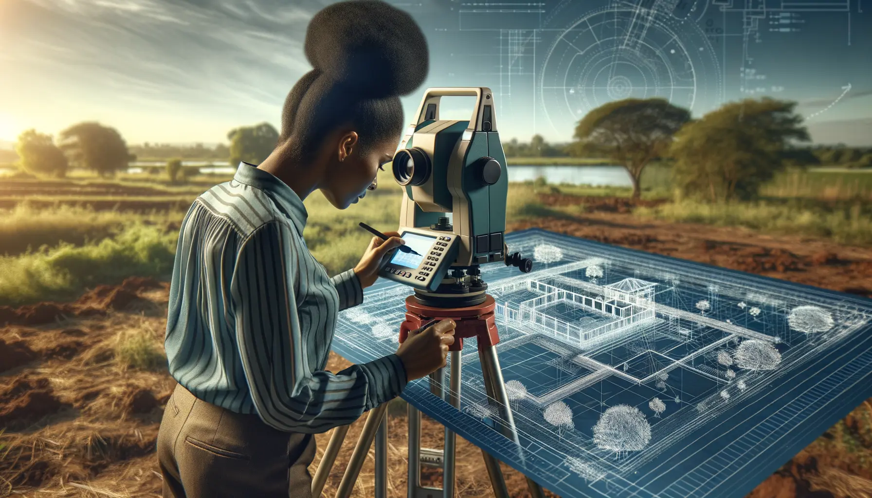 Hausbau vorbereiten mit Grundstücksauswahl und Bauplanung, Vermessungsgerät im Einsatz