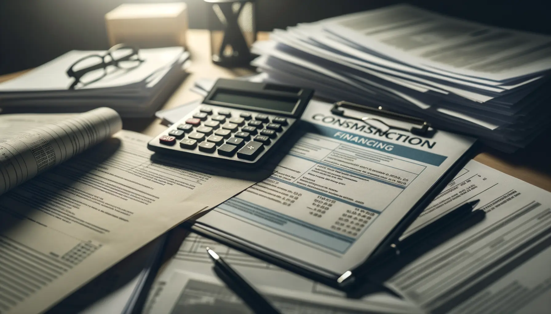Hausbau vorbereiten mit Baufinanzierung und Bauantrag Dokumenten auf einem Schreibtisch