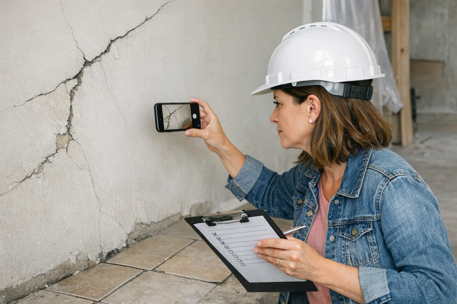 Bauherr dokumentiert Mängel am Bau mit Smartphone und Checkliste